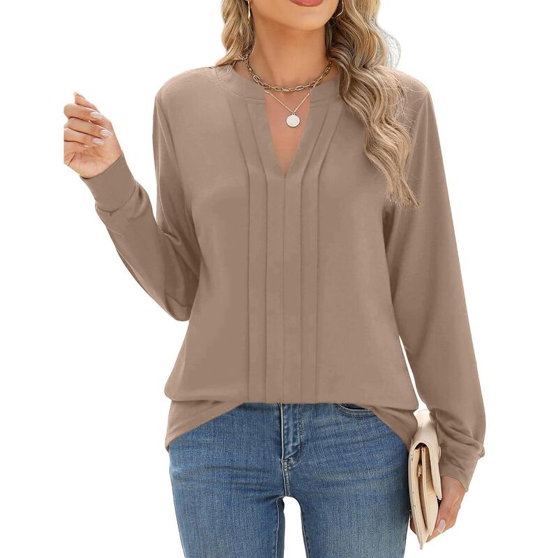 ジーグー レディース トップス プルオーバー Vのど首 筋目 トップ Zeagoo Women Dressy Long Sleeve Blouses Fall Henley V Neck Pleated Casual Tunics Apricot 杏