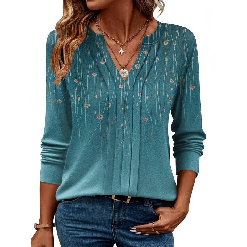 ジーグー レディース トップス プルオーバー Vのど首 筋目 トップ Zeagoo Women Dressy Long Sleeve Blouses Fall Henley V Neck Pleated Casual Tunics Blue Green 青色