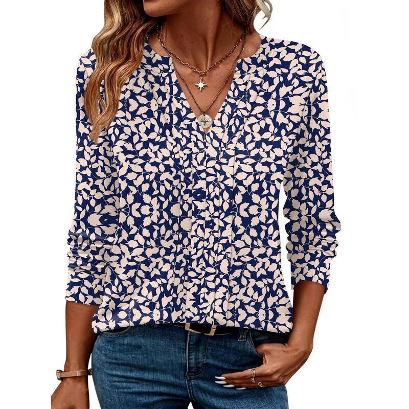 ジーグー レディース トップス プルオーバー Vのど首 筋目 トップ Zeagoo Women Dressy Long Sleeve Blouses Fall Henley V Neck Pleated Casual Tunics Blue Pink Floral 青色