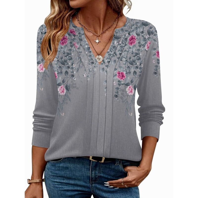 ジーグー レディース トップス プルオーバー Vのど首 筋目 トップ Zeagoo Women Dressy Long Sleeve Blouses Fall Henley V Neck Pleated Casual Tunics Grey Pink 薄墨色