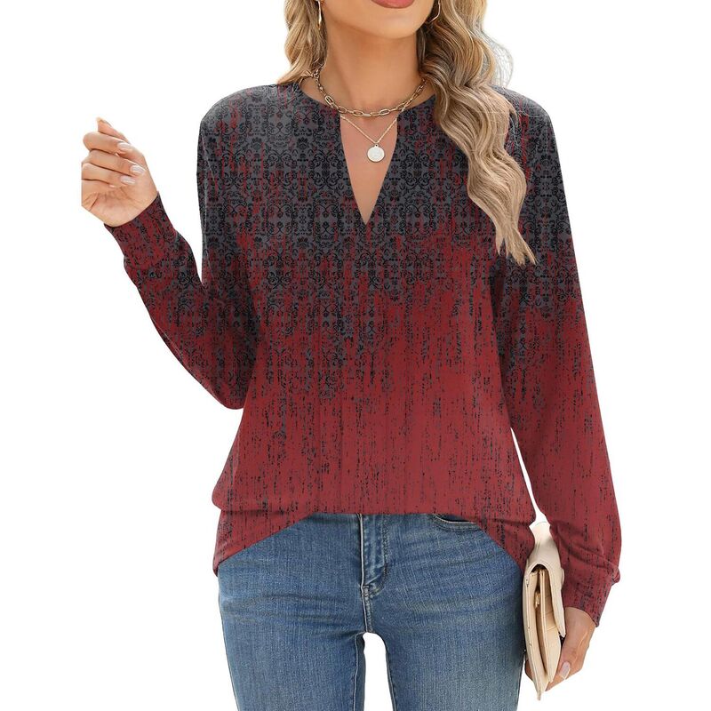 ジーグー レディース トップス プルオーバー Vのど首 筋目 トップ Zeagoo Women Dressy Long Sleeve Blouses Fall Henley V Neck Pleated Casual Tunics Grey Red Print 薄墨色