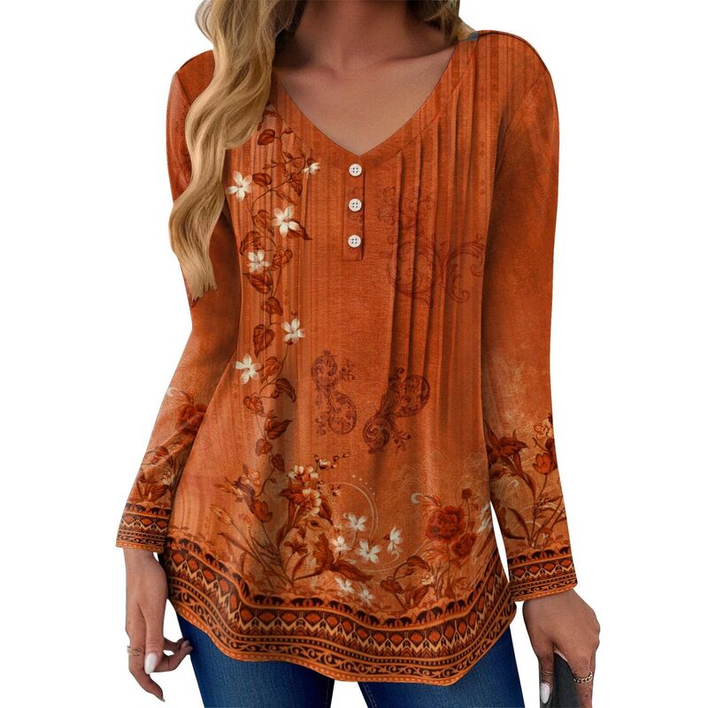 ジーグー レディース トップス Tシャツ Vネック ブラウス Zeagoo Women's Boho Long Sleeve V Neck Blouses Dressy Casual Business Work Tops Orange オレンジ｜ReVida 店