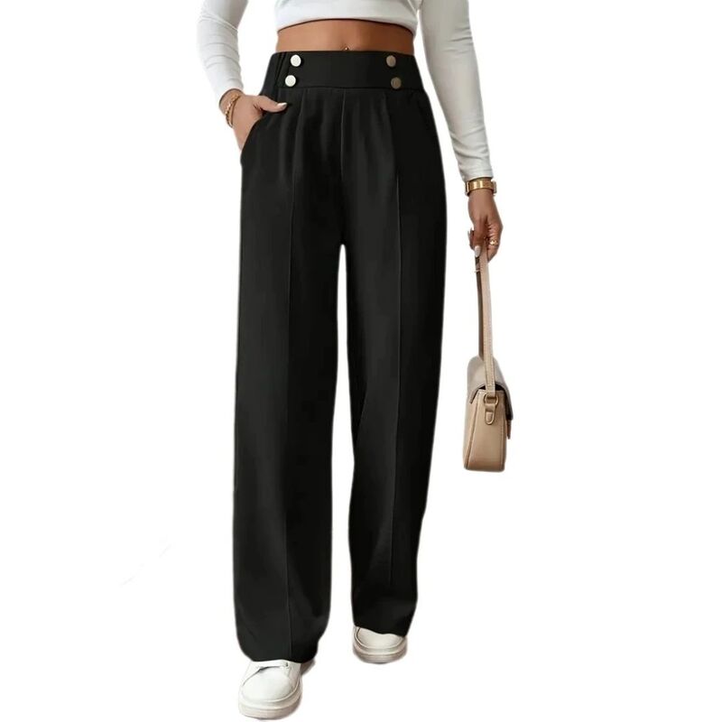 救い主流行り物 レディース ボトムス 心地よいズボン下 ワイドレッグ Yesfashion Womens Wide Leg Straight Elastic High Waistedouble Button Business Casual Pants with Pockets Black 黒いこと