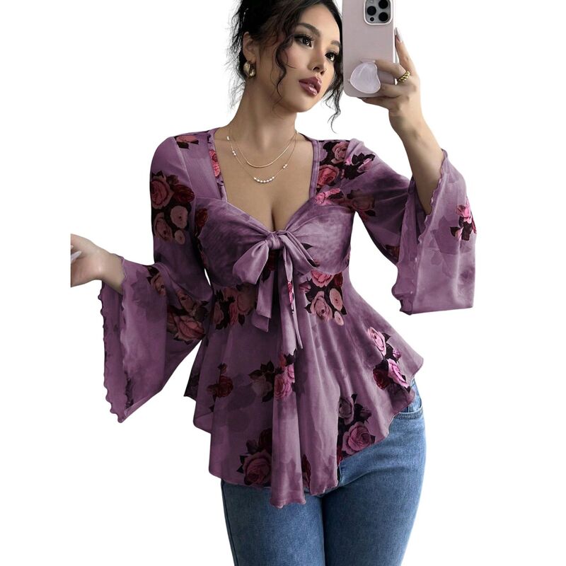 セオリア レディース トップス プルオーバー Seoria French Sweet Flower Blend Tie Square Collar Irregular Hem Trumpet Long Sleeved Shirt Dark Purple パープル