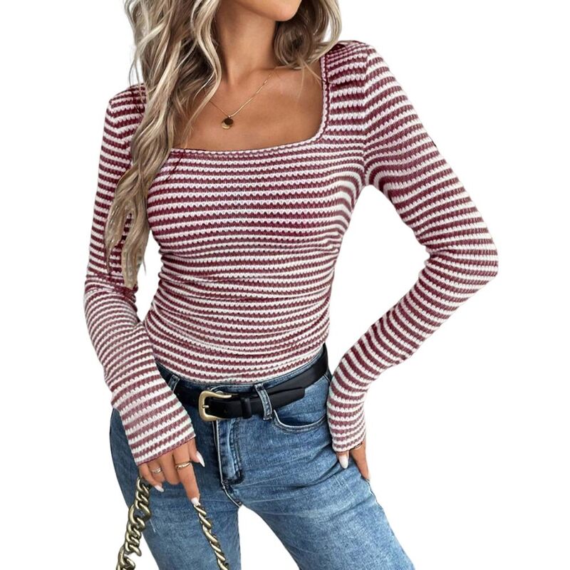 セオリア レディース トップス プルオーバー リブラウス 編み物 Seoria Women\u0027striped Square Neck Shirts Casualong Sleeve Pullover Tops Color Block Ribbed Knit Blouse Claret 縞模様
