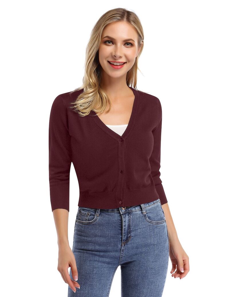 マキシスマーチ レディース アウター ニット・セーター カーディガン クロップド Maxxis Merch Women's Cropped Cardigan Casual 3/4 Sleeve Open Front Knit Bolero Shrug Deep Red レッド｜ReVida 店