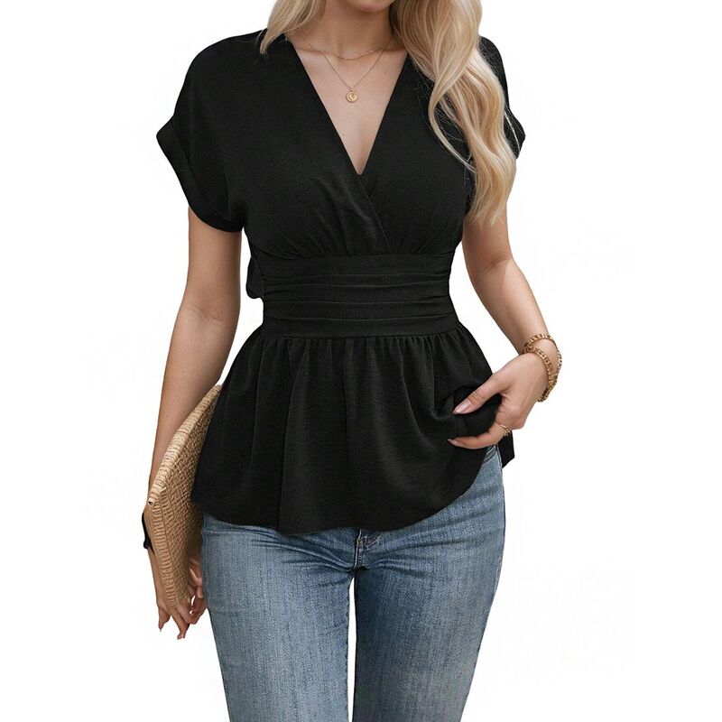 読みやすい御花 レディース トップス プルオーバー シャーリング トップ ClearFlower Women\u0027s Wrap Smocked Back Short Sleeve Lightweight Peplum Elegant Blouse Black 黒いこと