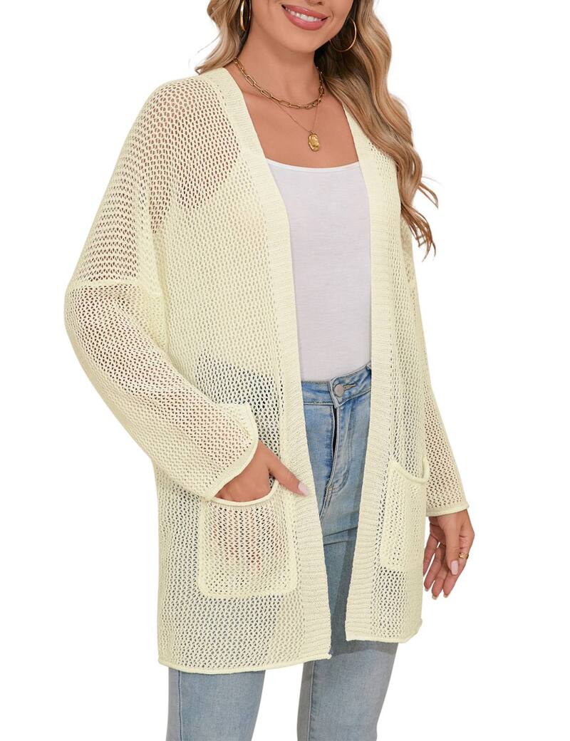 ファンジュライ レディース アウター ニット・セーター カーディガン FUNJULY Women's Cardigan Long Sleeve Lightweight Open Front Casualong Knited Cardigan with Pocket Beige ベージュ|ReVida 店