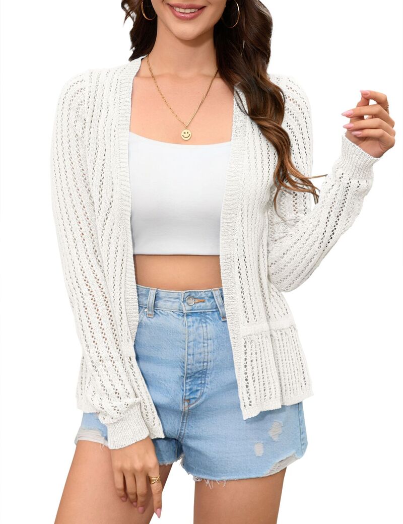 ファンジュライ レディース アウター ニット・セーター フリル カーディガン クロップド FUNJULY Women's Cropped Crochet Knit Sweater Cardigan Ruffle Sleeve Button Up Casualightweight Shrug White ホワイト｜ReVida 店