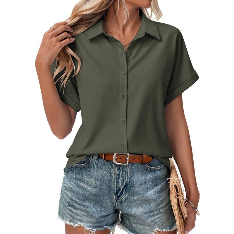 ジーグー レディース トップス プルオーバー 名取り草落ち込む トップ Zeagoo Short Sleeve Blouses for Women Summer Tops Collared Button Down Shirts Office Work Clothing Army Green 緑であること