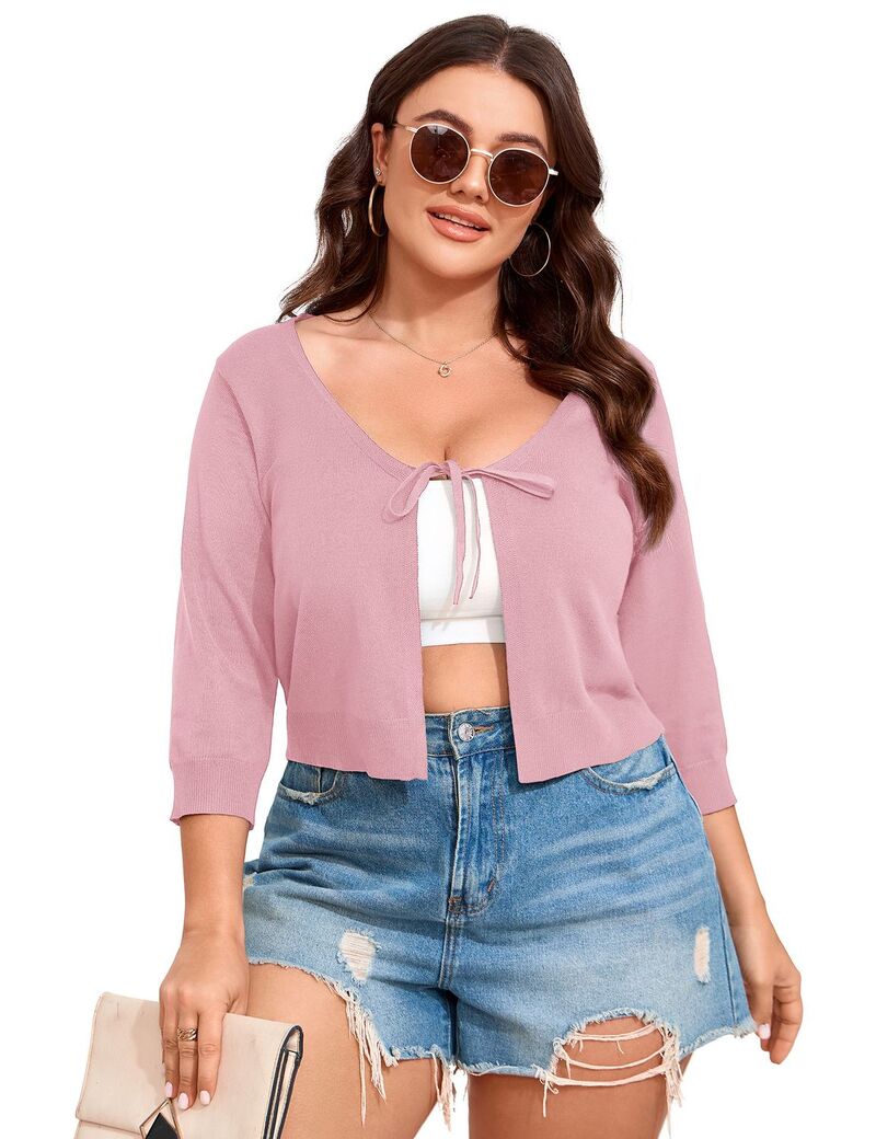 ファンジュライ レディース アウター 編み物・スウェーター Vのど首 ジレー FUNJULY Women\u0027s V-Neck Tie Front Shrug 3/4 Sleeve Knit Cardigan Sweater Crop Topink サクラ色