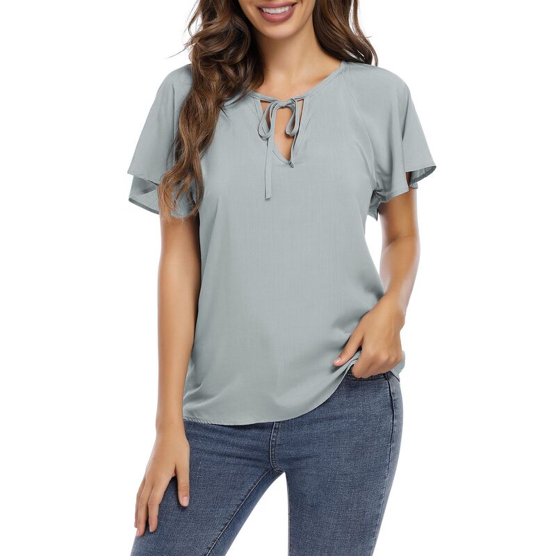 セオリア レディース トップス プルオーバー フラウンス トップ Seoria Women Blouse Short Sleeve Ruffle Sleeve Drawstring Casual Women Top Gray Green 薄墨色