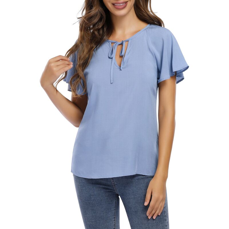 セオリア レディース トップス プルオーバー フラウンス トップ Seoria Women Blouse Short Sleeve Ruffle Sleeve Drawstring Casual Women Top Sky Blue 青色