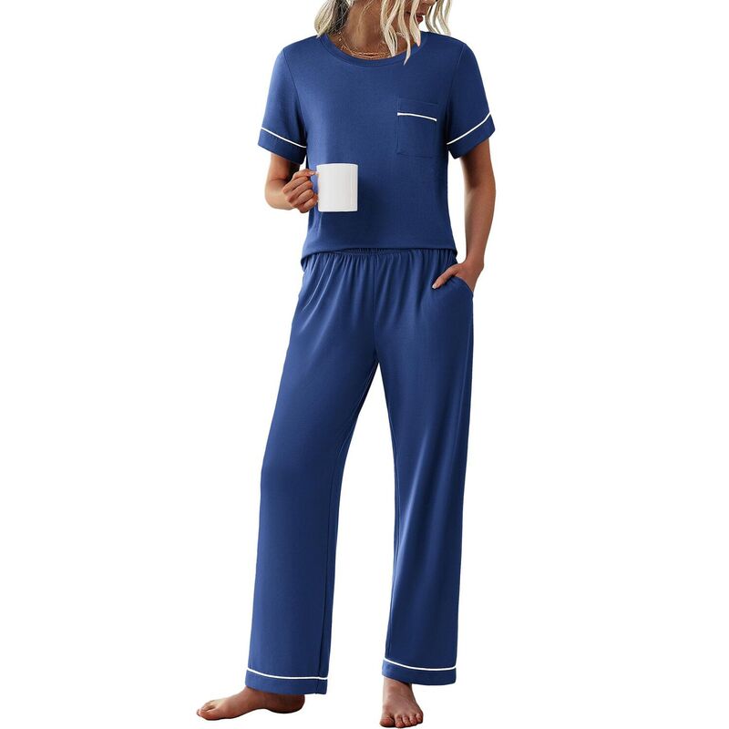 エコアー レディース アンダーウェア ナイトウェア パンツ Ekouaer Womens Pajama Setshort Sleeve Top and Pants 2 Piece Pjsoft Sleepwear Comfy Lounge Set Navy Blue ネイビー|ReVida 店