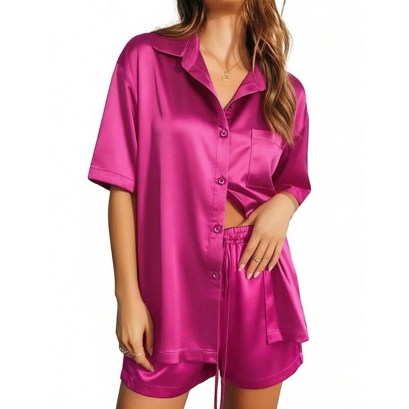 エコアー レディース アンダーウェア ナイトウェア シルク Ekouaer Pajamaset Womens Pjshort Sleeve Sleeping Wear Silk Loungewear Summer Pj Set Rose｜ReVida 店