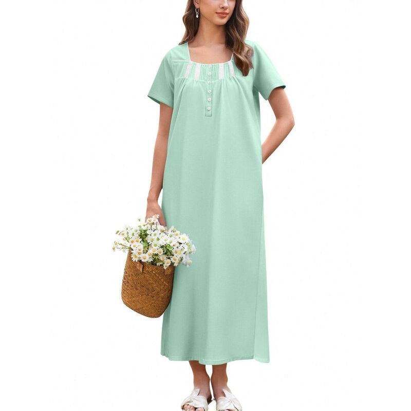 エコアー レディース アンダーウェア ナイトウェア 半袖 コットン レース マキシ Ekouaer Women's Cotton Short-Sleeve Button-Front Lace-Trimaxi Nightgown Mint Green グリーン｜ReVida 店