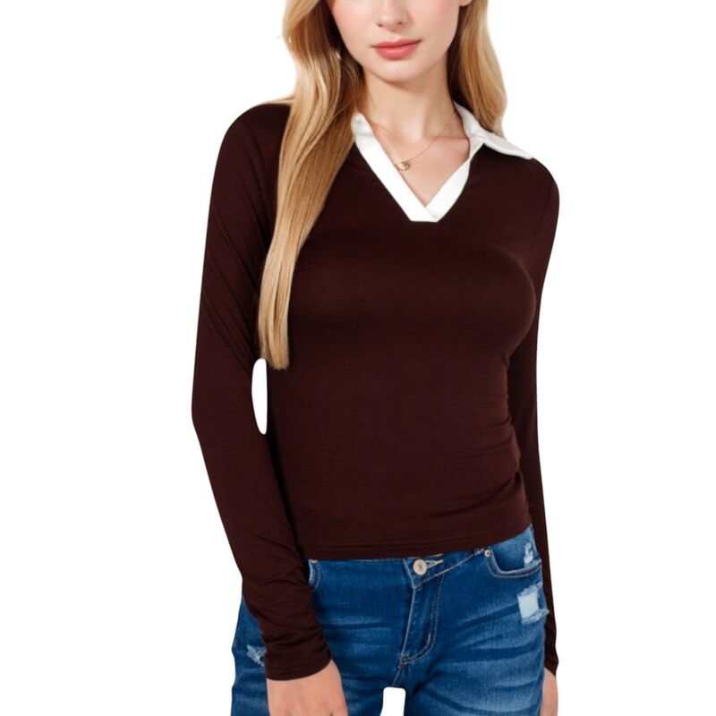アンナカシ レディース トップス プルオーバー V素っ首 対照 Anna-Kaci Women\u0027s Long Sleeve V-Neck Shirt with Contrast Collar Brown 赤銅色