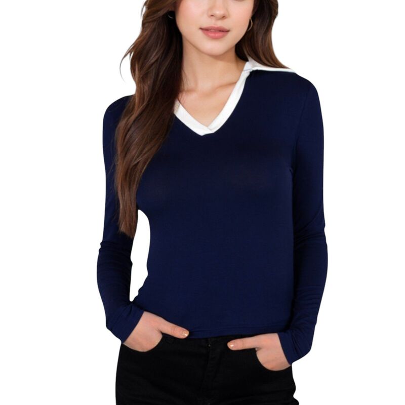 アンナカシ レディース トップス プルオーバー V素っ首 対照 Anna-Kaci Women\u0027s Long Sleeve V-Neck Shirt with Contrast Collar Navy 米国海軍