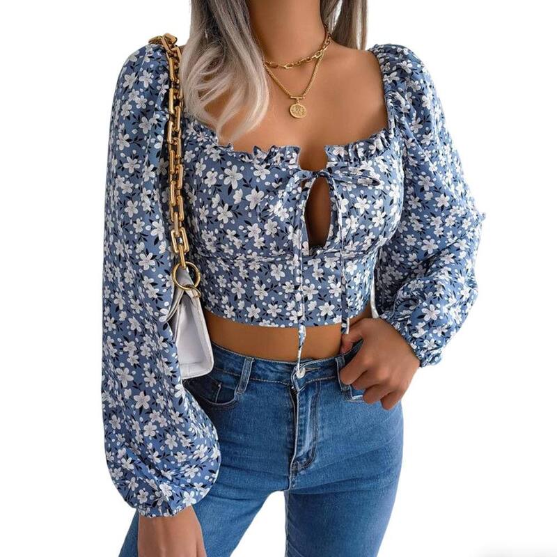 読みやすい御花 レディース トップス プルオーバー 御花柄 トップ ClearFlower Women\u0027s Floralong Sleeve Blouse Square Neck Tie Front Crop Top Blue 青み