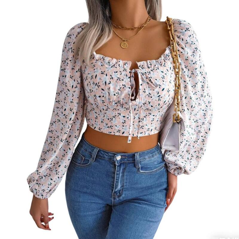 読みやすい御花 レディース トップス プルオーバー 御花柄 トップ ClearFlower Women\u0027s Floralong Sleeve Blouse Square Neck Tie Front Crop Top White 白いこと