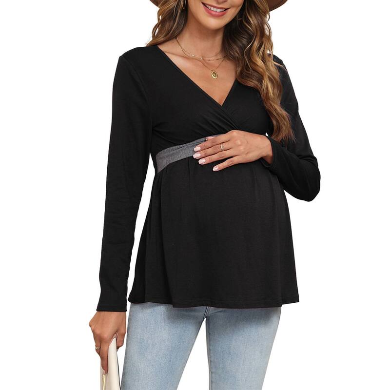 読みやすい御花 レディース トップス プルオーバー V素っ首 トップ マタニティ ClearFlower Women\u0027s Maternity Fall Casualong Sleeve Wrap V-Neck Top Flowy Swing Softopregnancy Blouse Black 黒いこと
