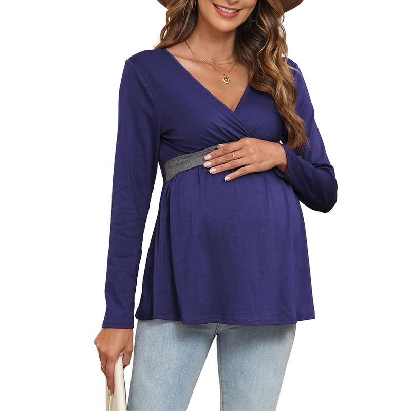 読みやすい御花 レディース トップス プルオーバー V素っ首 トップ マタニティ ClearFlower Women\u0027s Maternity Fall Casualong Sleeve Wrap V-Neck Top Flowy Swing Softopregnancy Blouse Navy Blue 米国海軍