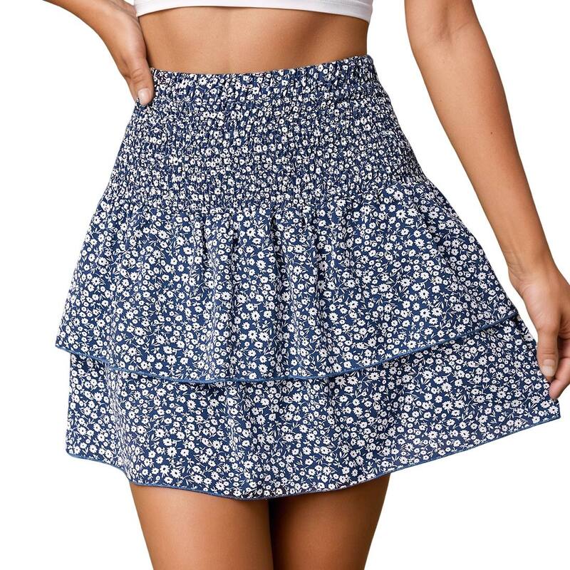 エリート肝ったま レディース 下つ方スコート ティアード 御花柄 ミニ 御花 EliteSpirit Womens Elastic Waistiered Mini Skirt Floral Pattern Designed Relaxed Casual Skirts Blue Floral 青色
