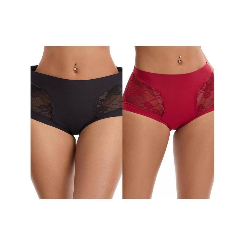 インスパイア シック レディース アンダーウェア パンツ レース INSPIRE CHIC 2 Packs Women's High Wasited Lace Underwear Briefs Breathable Full Coverage Tummy Control Panties Black Red ブラック｜ReVida 店