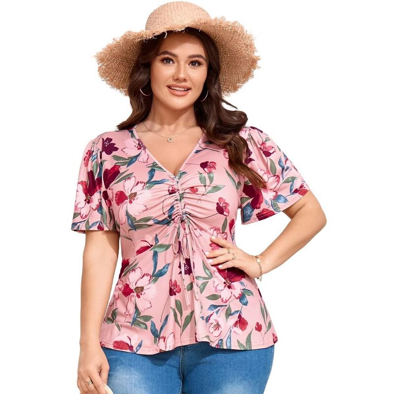セオリア レディース トップス プルオーバー V素っ首 つけ加える大きさ 筋目 フラウンス トップ Seoria Women\u0027s Plusize Blouse Shirtshort Sleeve V Neck Tunic Tops Casual Ruffle Pleated Top Big Pink Flower サクラ色