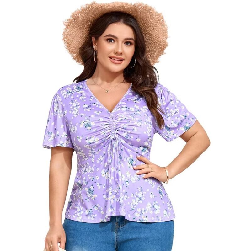 セオリア レディース トップス プルオーバー V素っ首 つけ加える大きさ 筋目 フラウンス トップ Seoria Women\u0027s Plusize Blouse Shirtshort Sleeve V Neck Tunic Tops Casual Ruffle Pleated Topurple White Flower 白いこと