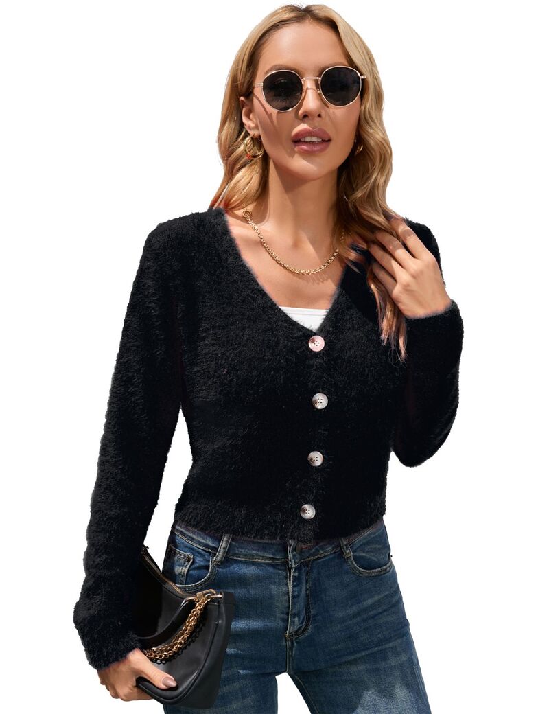 ファンジュライ レディース アウター 編み物・スウェーター Vのど首 ジレー クロップド FUNJULY Women Chunky Knit Button Cardigan Sweater V Neck Cropped Sweaters Crop Top Fuzzy Cardigans Black 黒いこと