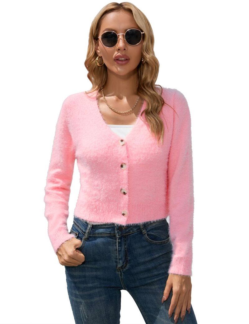 ファンジュライ レディース アウター 編み物・スウェーター Vのど首 ジレー クロップド FUNJULY Women Chunky Knit Button Cardigan Sweater V Neck Cropped Sweaters Crop Top Fuzzy Cardigans Pink サクラ色