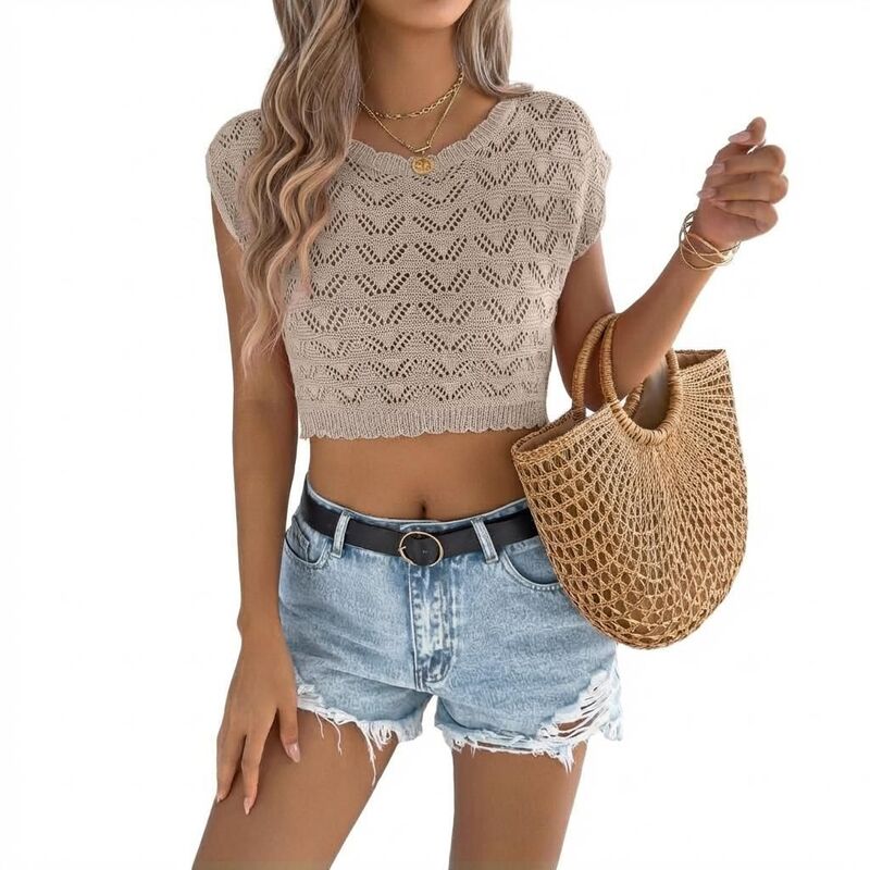 ファンジュライ レディース アウター 編み物・スウェーター 労働者の一団のど首 FUNJULY Women\u0027s LightWeight Short Sleeve Hollow Out Crop Knitop Crew Neck Solid Color Sweater Beige ベージュ