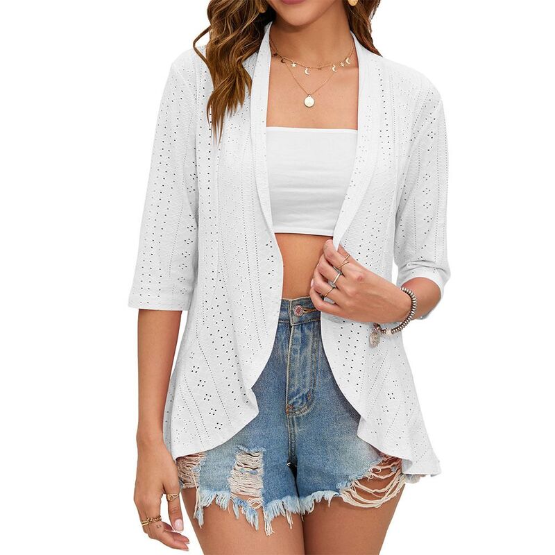 エリートチョイス レディース アウター 編み物・スウェーター フラウンス ジレー 上衣 Elitechoice Women Casual Open Front 3/4 Sleeve Soft Ruffle Trim Cardigan Jacket White 白いこと