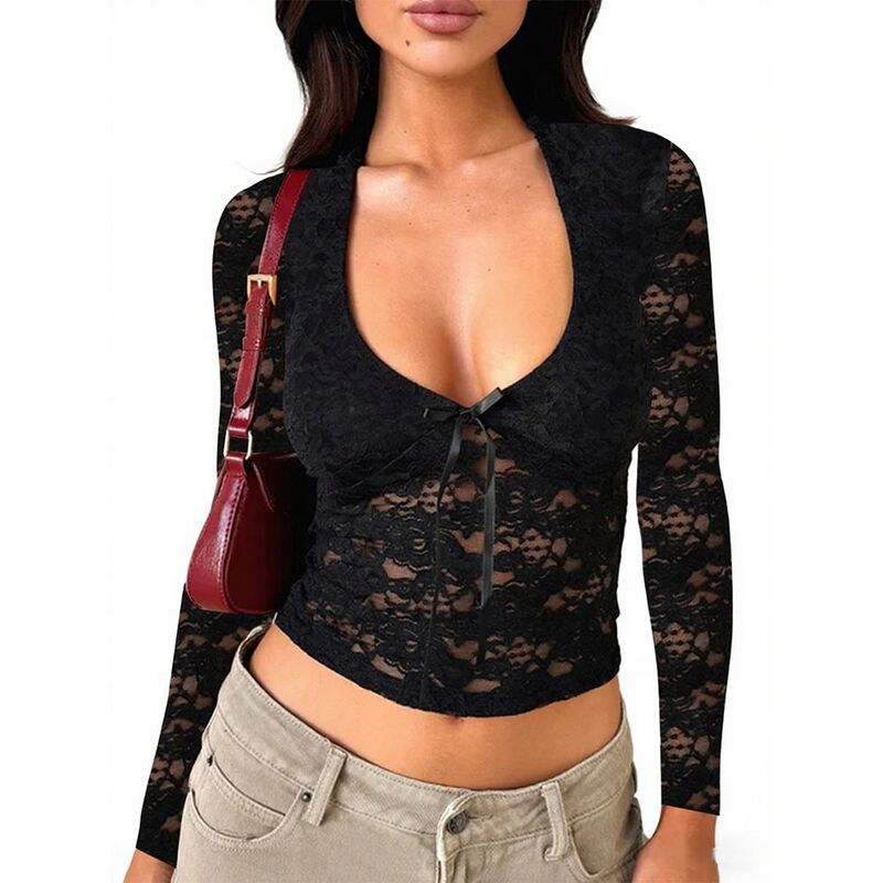 エリートチョイス レディース トップス プルオーバー スピード競技 Elitechoice Women Going Outop Lace Long Sleeve Square Neck Crop Shirt Slim Fitted T Shirt Black 黒いこと