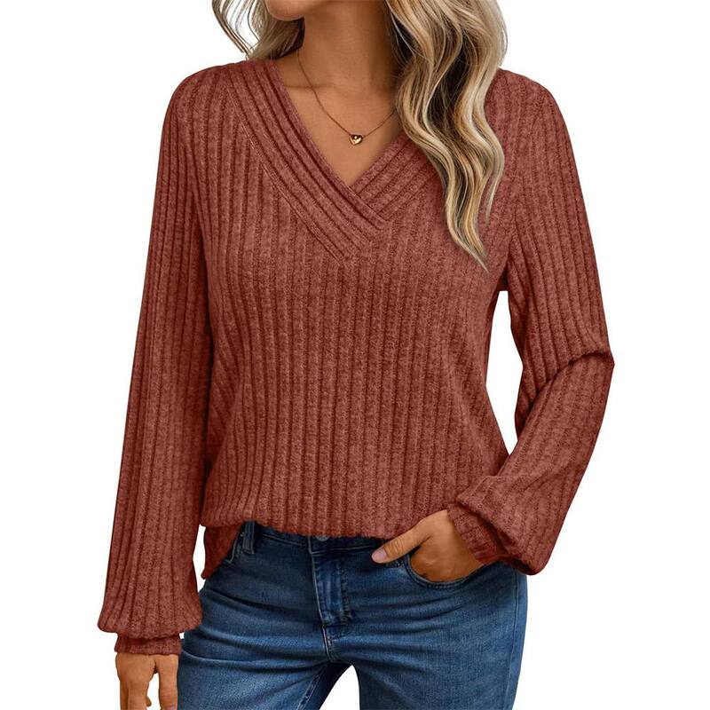 ファンジュライ レディース トップス プルオーバー Vのど首 スウェーター トップ FUNJULY Women Long Sleeve V Neck Sweater Blouse Fall Winter Tunic Dressy Casual Trendy Top Brown 赤銅色