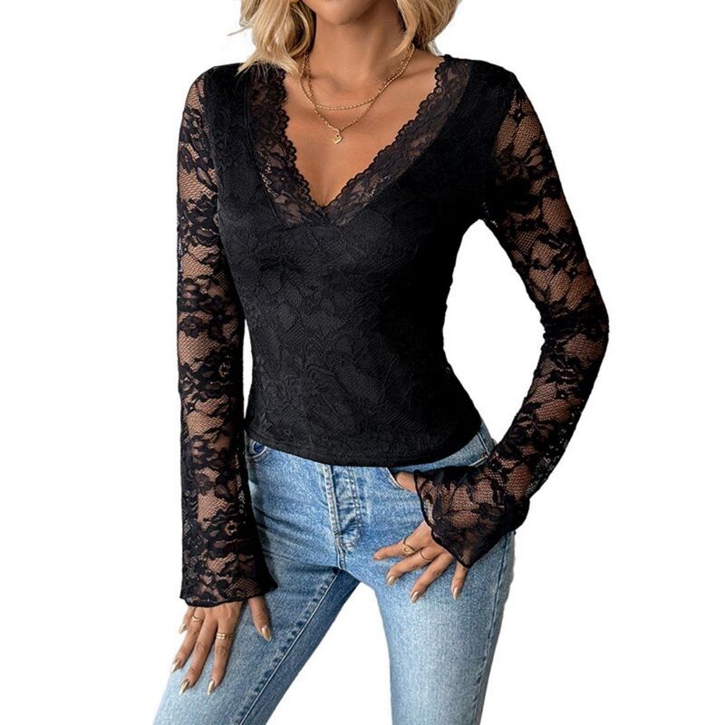 救世主流行り物 レディース トップス プルオーバー V素っ首 トップ スピード競技 Yesfashion Women\u0027s Lace V Neck Long Sleeve Low Cut Crop Blouse Top Solid Color T Shirt Black 黒いこと