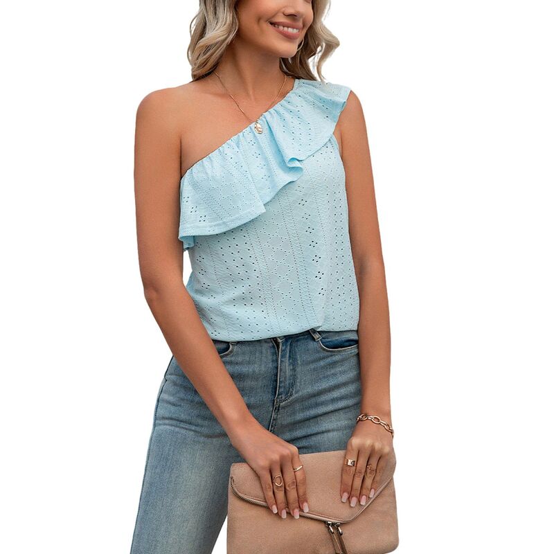 せつ然たる御花 レディース トップス プルオーバー フラウンス 壱肩部 トップ ClearFlower Women\u0027summer Hollow Out Eyelet One-Shoulder Top Casual Ruffle Trim Blouse Soft Boho Work Shirt Sky Blue 青色