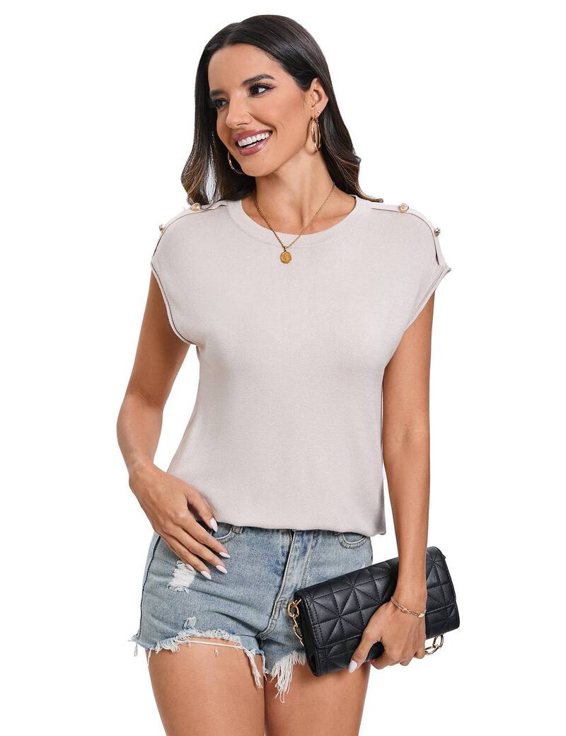 ファンジュライ レディース アウター 編み物・スウェーター 旗がしら FUNJULY Women\u0027s Round Necknit Pullover Cap Sleeve with Shoulder Buttons Beige ベージュ
