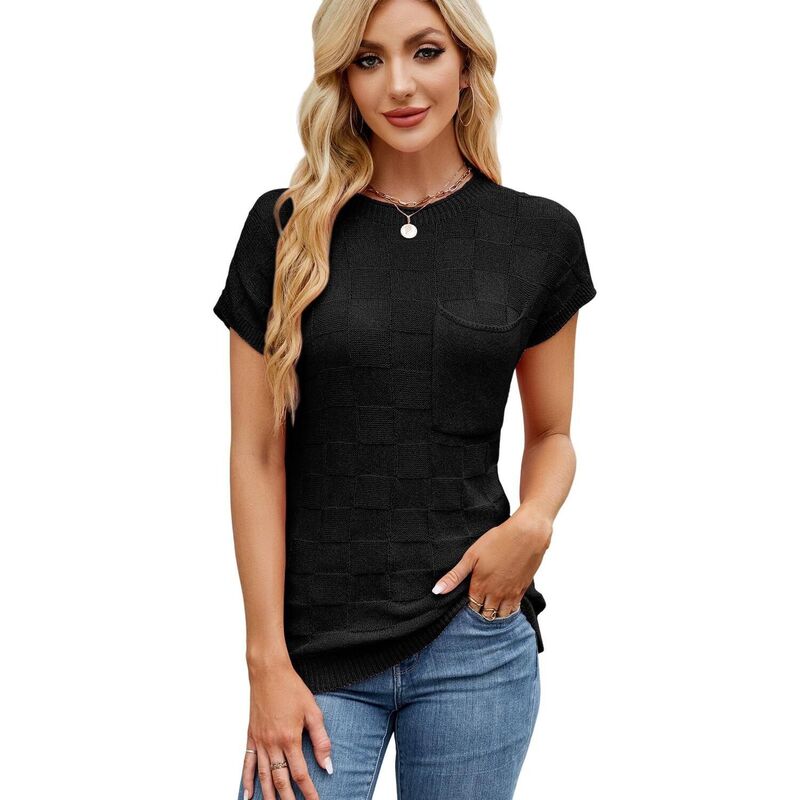 エリートチョイス レディース アウター 編み物・スウェーター 旗がしら Elitechoice Women\u0027s Checkered Short Sleeve Pullover Knit Cap Sleeve Top with Chest Pocket Black 黒いこと