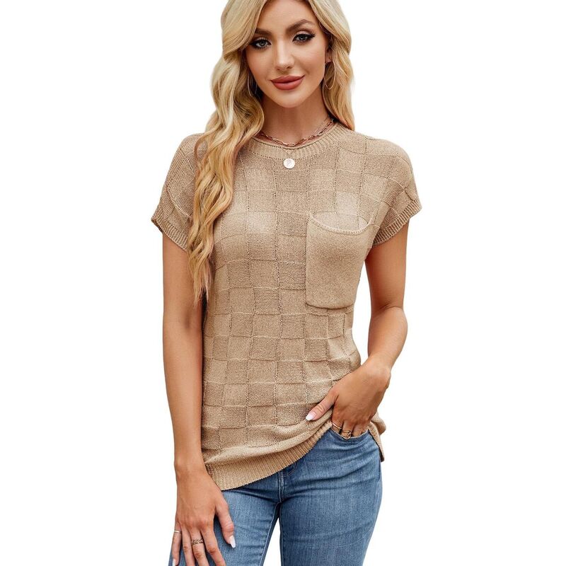 エリートチョイス レディース アウター 編み物・スウェーター 旗がしら Elitechoice Women\u0027s Checkered Short Sleeve Pullover Knit Cap Sleeve Top with Chest Pocket Khaki カーキ