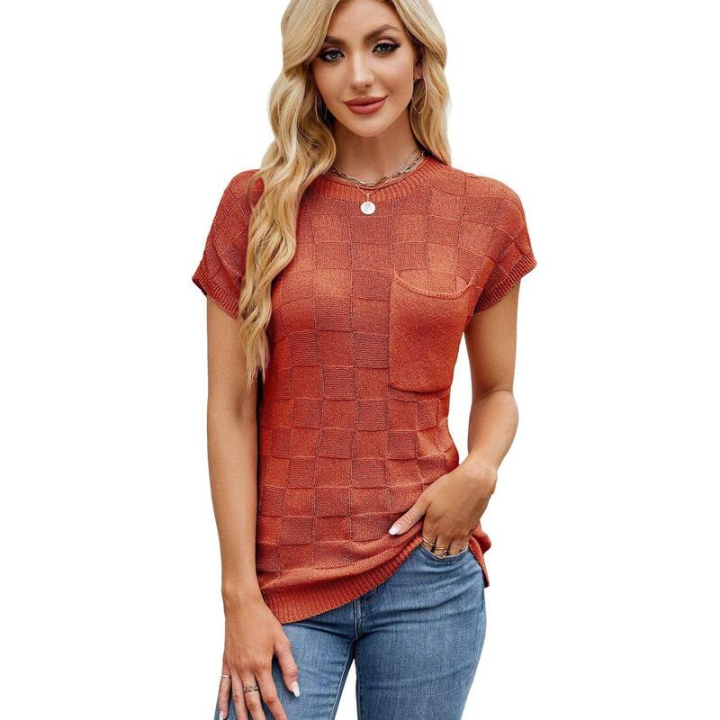 エリートチョイス レディース アウター 編み物・スウェーター 旗がしら Elitechoice Women\u0027s Checkered Short Sleeve Pullover Knit Cap Sleeve Top with Chest Pocket Orange オレンジ色