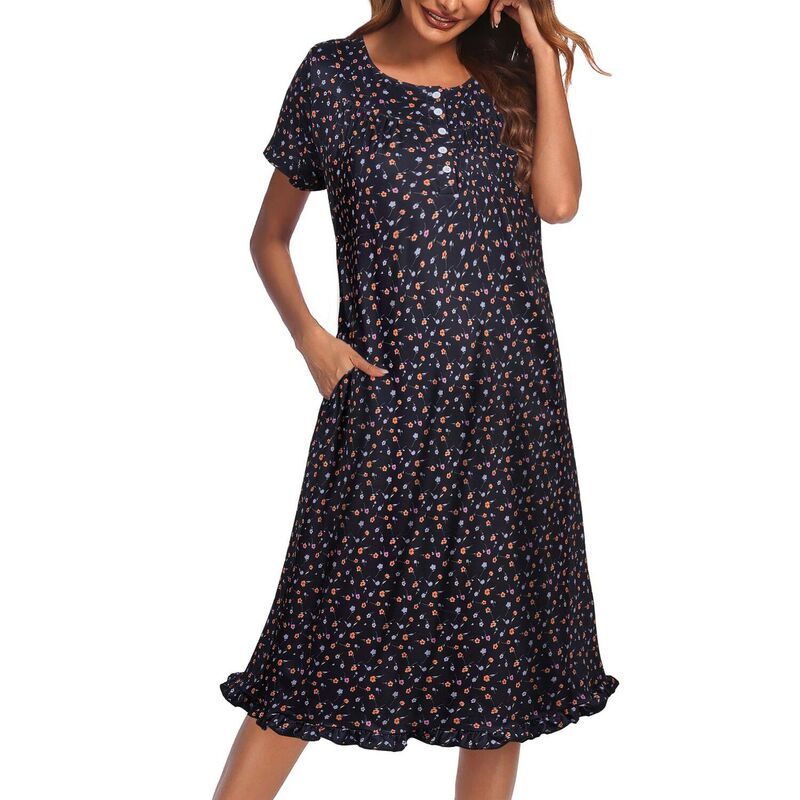 エコアー レディース アンダーウェア ナイトウェア フラワー柄 フラワー Ekouaer Women's Floral Short Sleeve Button-Front Muu House Dress with Pockets Black ブラック|ReVida 店