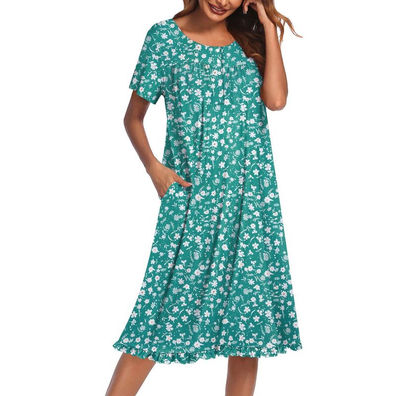 エコアー レディース アンダーウェア ナイトウェア フラワー柄 フラワー Ekouaer Women's Floral Short Sleeve Button-Front Muu House Dress with Pockets Green グリーン|ReVida 店