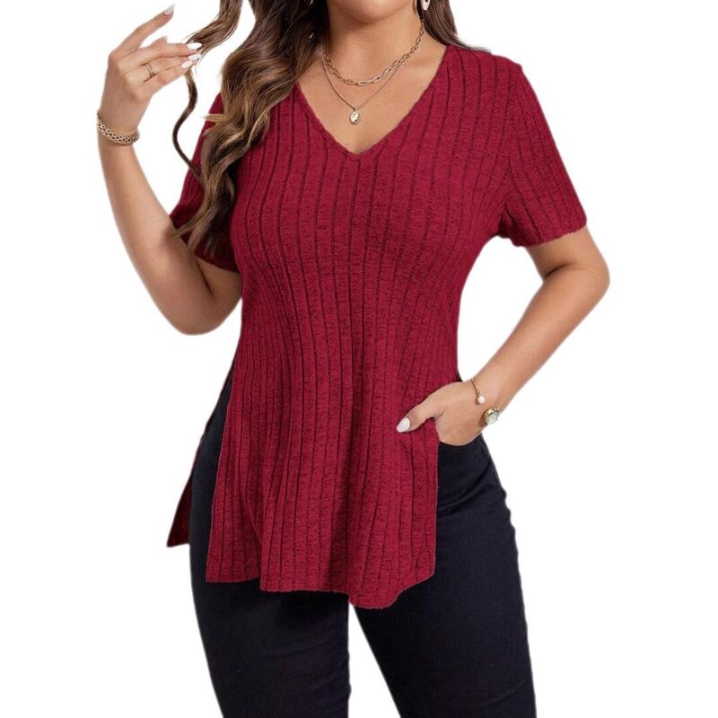イエスファッション レディース トップス シャツ Vネック リブラウス Yesfashion Women's V Neck Casual Topshort Sleeve Solid Color Side Split Ribbed Stripe Pullover Blouse Red レッド｜ReVida 店