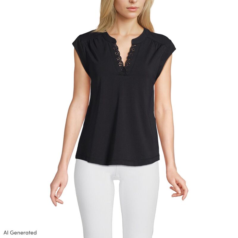 ランズエンド レディース トップス Tシャツ キャップ レース ジャージー Women's Lands' End Cap Sleeve Lightweight Jersey Lace Shoulder Tee Black ブラック｜ReVida 店
