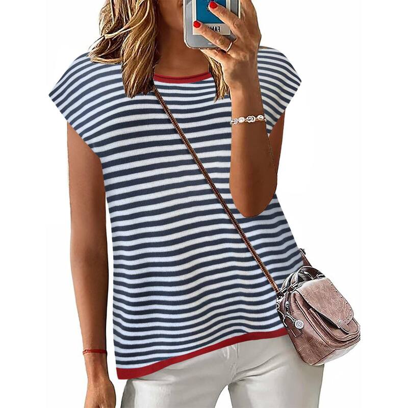 ジーグー レディース アウター 編み物・スウェーター 労働者の一団のど首 旗がしら Zeagoo Women\u0027s Cap Sleeve Crew Neck Loose Fit Lightweight Knit Pullover Sweater Tops Black Stripred 黒いこと