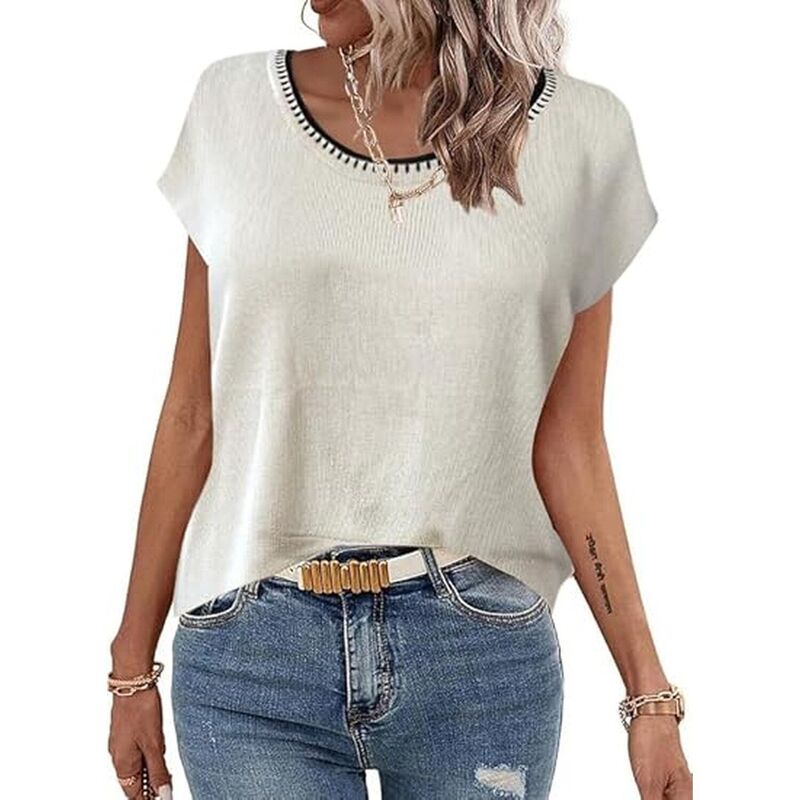 ジーグー レディース アウター 編み物・スウェーター 労働者の一団のど首 旗がしら Zeagoo Women\u0027s Cap Sleeve Crew Neck Loose Fit Lightweight Knit Pullover Sweater Tops Line White 白いこと