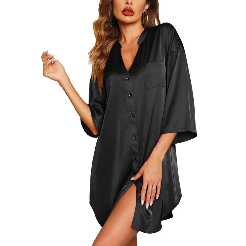 エコアー レディース アンダーお召しもの ナイト爵お召しもの Vのど首 プルオーバー 繻子 Ekouaer Sleepshirt Women V Neck Satinightgown Cute Boyfriend Buttonight Shirt Soft Loose Sleep Black 黒いこと