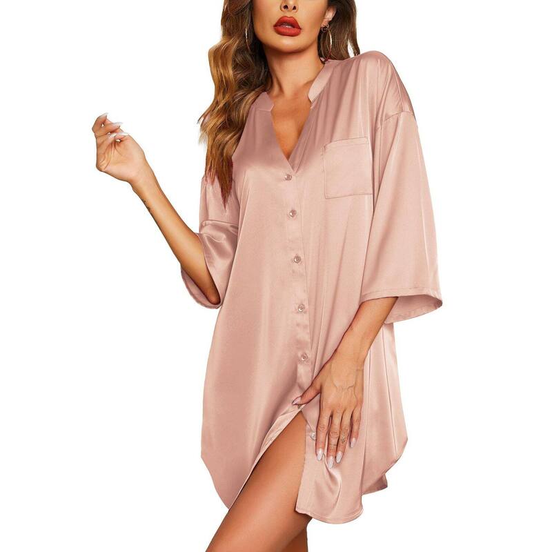エコアー レディース アンダーお召しもの ナイト爵お召しもの Vのど首 プルオーバー 繻子 Ekouaer Sleepshirt Women V Neck Satinightgown Cute Boyfriend Buttonight Shirt Soft Loose Sleep Dark Pink サクラ色